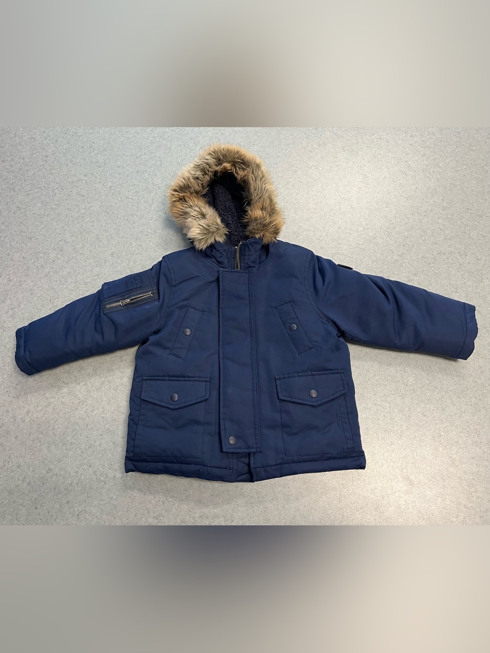 Polo Ralph Lauren Navy Blue Winter Parka Jacket w/ Faux Fur Hood—3T